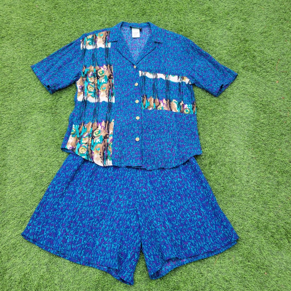 Michele Leslie California Rayon Crepon Shirt Shorts Matching Set Teal Purple 90s